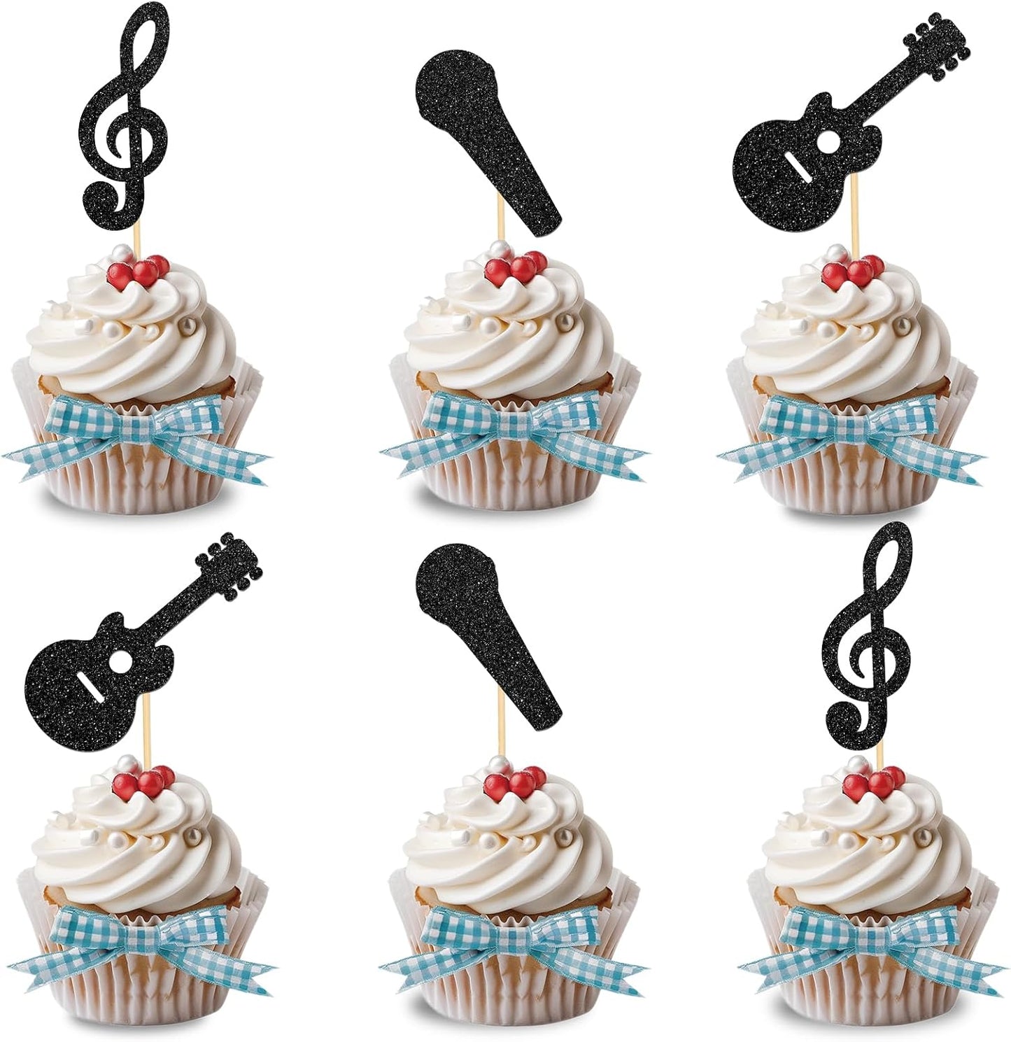 24Pcs Music Notes Cupcake Toppers Black Glitter Musical Symbol Cupcake Picks Rock Music Concert Baby Shower Wedding Birthday Party Decorations Supplies