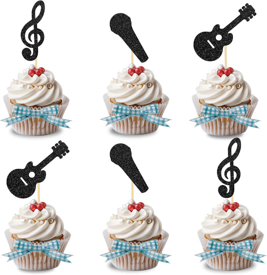 24Pcs Music Notes Cupcake Toppers Black Glitter Musical Symbol Cupcake Picks Rock Music Concert Baby Shower Wedding Birthday Party Decorations Supplies