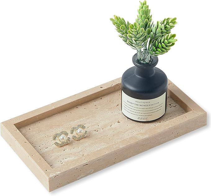 Natural Small Travertine Vanity Tray, Luxury Stone Organizer for Bathroom & Kitchen | Holds Soap Dispenser, Jewelry, Perfume | Non-Resin, Non-Ceramic DÃ©cor