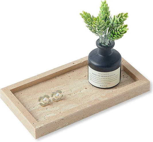 Natural Small Travertine Vanity Tray, Luxury Stone Organizer for Bathroom & Kitchen | Holds Soap Dispenser, Jewelry, Perfume | Non-Resin, Non-Ceramic DÃ©cor