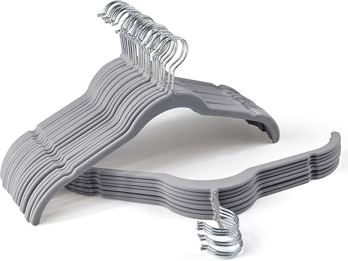 Premium Velvet Shirt Hangers 30 Pack, Space-Saving Non-Slip Felt Hanger with 360Â° Swivel Hook, Slim Flocked Hangers for Strappy Dresses, Blouses, Tank Tops(Grey)