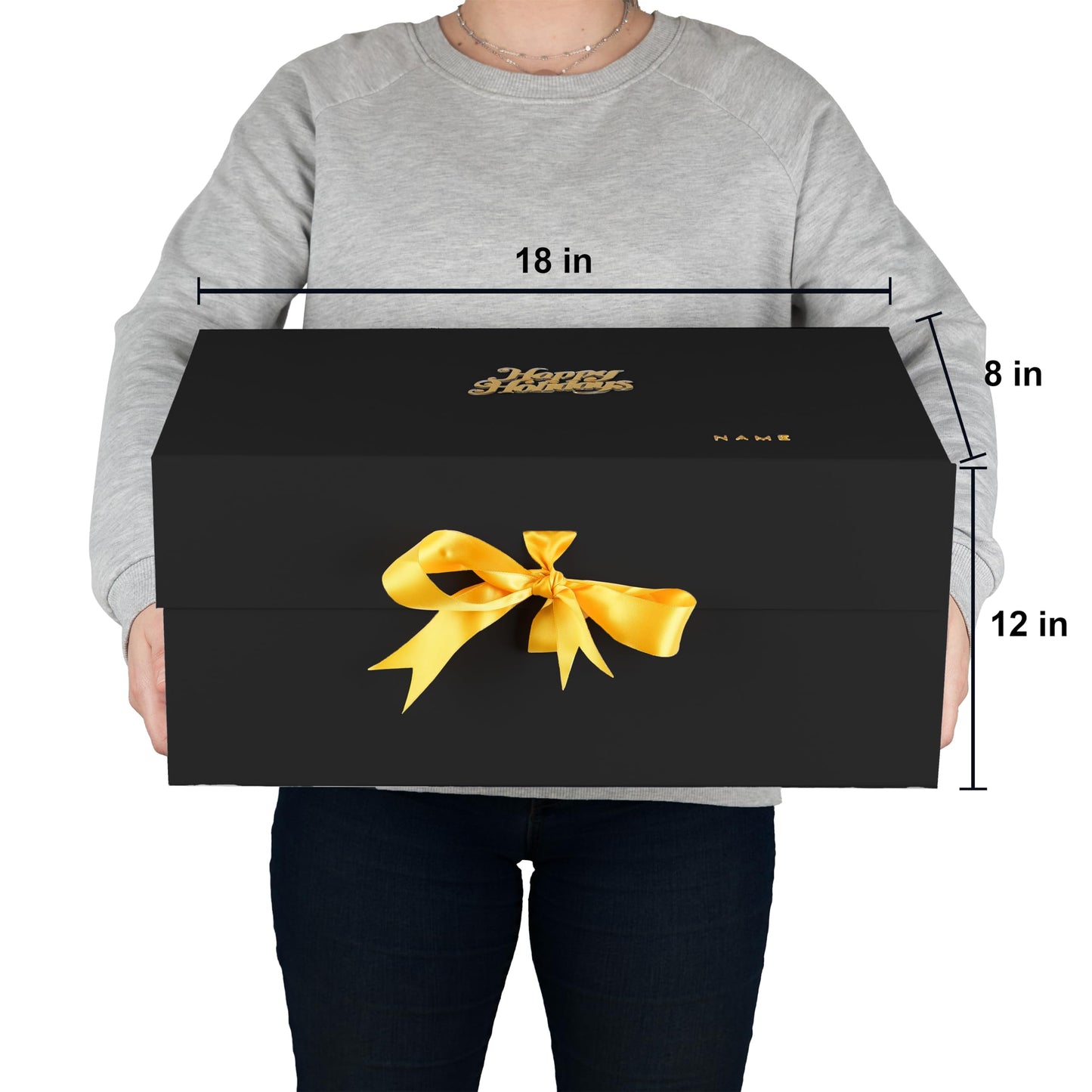 Luxury Black Personalized Gift Box XL (18x12x8"), Instant DIY Lettering Kit for Custom Names & Best Wishes message, Magnetic Lid, Ribbon