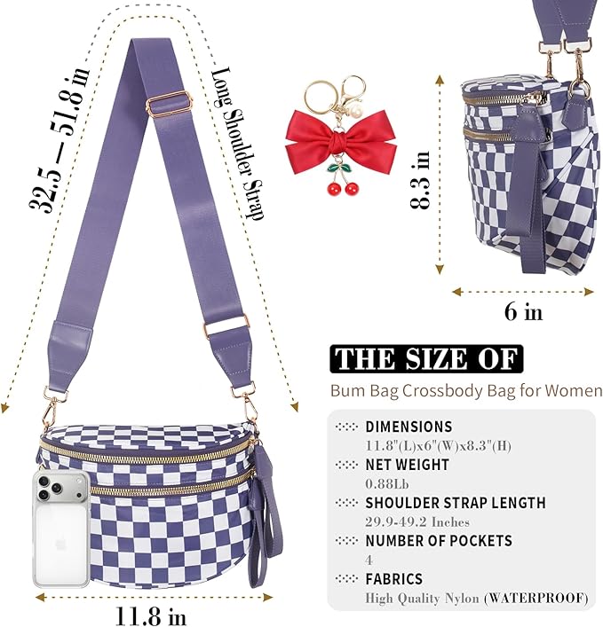 Checkered Crossbody Bag for Women, Spacious Sling & Stylish Bum Bag for Travel, Concerts, Festival, Nylon Fanny Pack Belt Bag (Colour Bum Bag-Cloudy Purple Checkered)