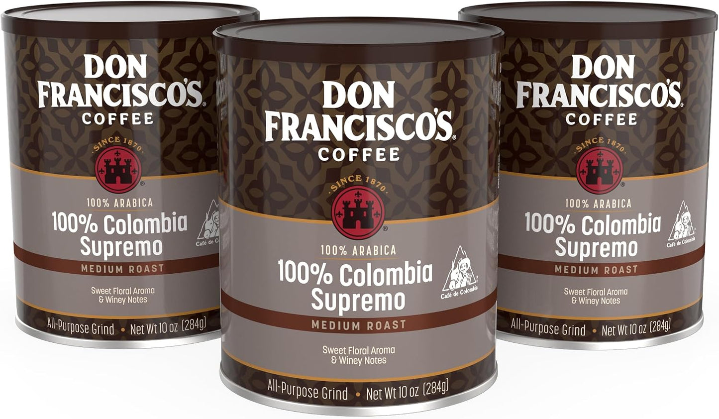 Don Francisco's 100% Colombia Supremo Ground Coffee: Rich, Aromatic 100% Arabica Beans - (3 x 10 oz Recyclable Cans)