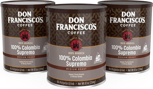 Don Francisco's 100% Colombia Supremo Ground Coffee: Rich, Aromatic 100% Arabica Beans - (3 x 10 oz Recyclable Cans)