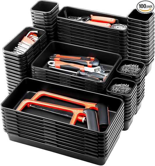 100 Pack Tool Box Organizer and Storage Tool Drawer Organizer Tray Divider 5 Sizes Garage Organization and Storage Black Plastic Tray Bins for Home Office Supplies