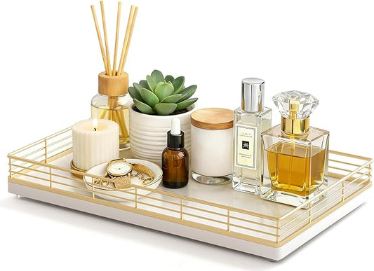 Large Bathroom Vanity Tray â 13" x 8" Oak Decorative Wooden Tray for Bathroom Countertop & Vanity Organizer, Wood Tray for Perfume, Skincare & Accessories Storage, Vanity Dresser Decor Gold & White