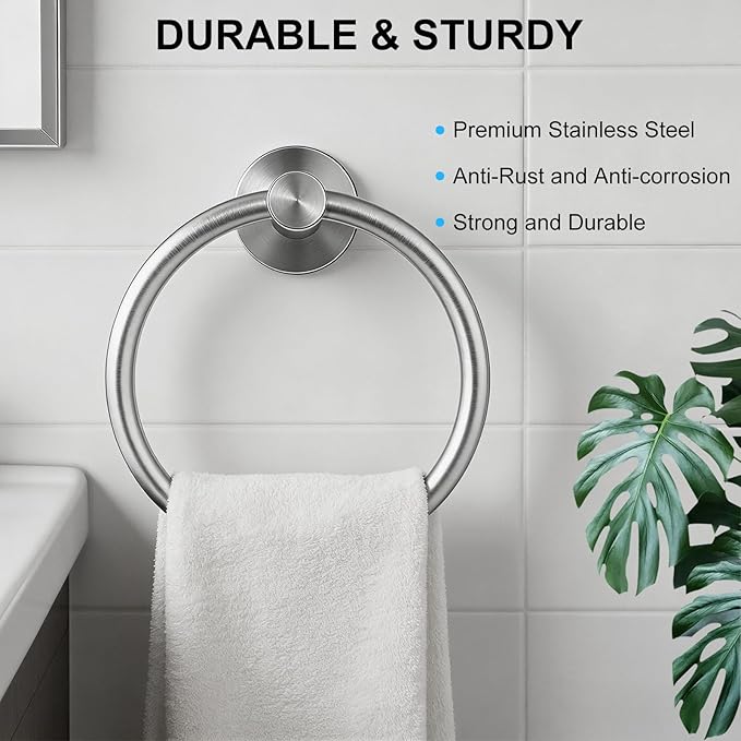 SetSail Towel Holder for Bathroom Wall Silver Towel Ring Stainless Steel Hand Towel Holder 4 Packs Towel Hanger for Bathroom, Kitchen Drill Hole
