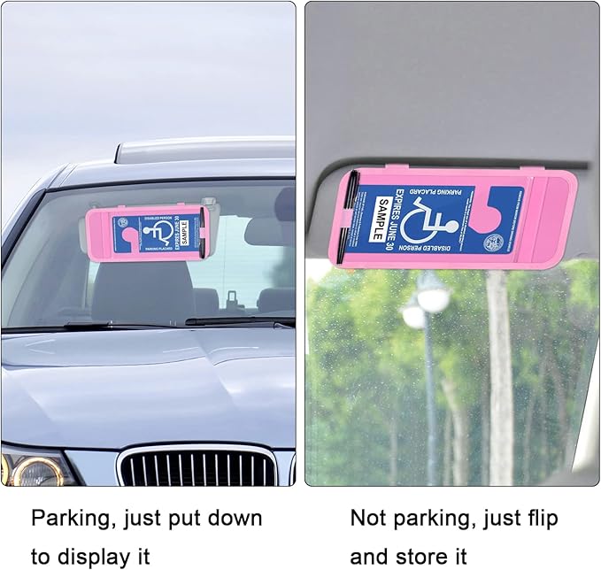 Handicap Placard Holder for Auto, Wisdompro Disabled Parking Permit Sign Protector for Car Sun Visor with Note Paper Slot, Pen Holder and Elastic Strap - Pink