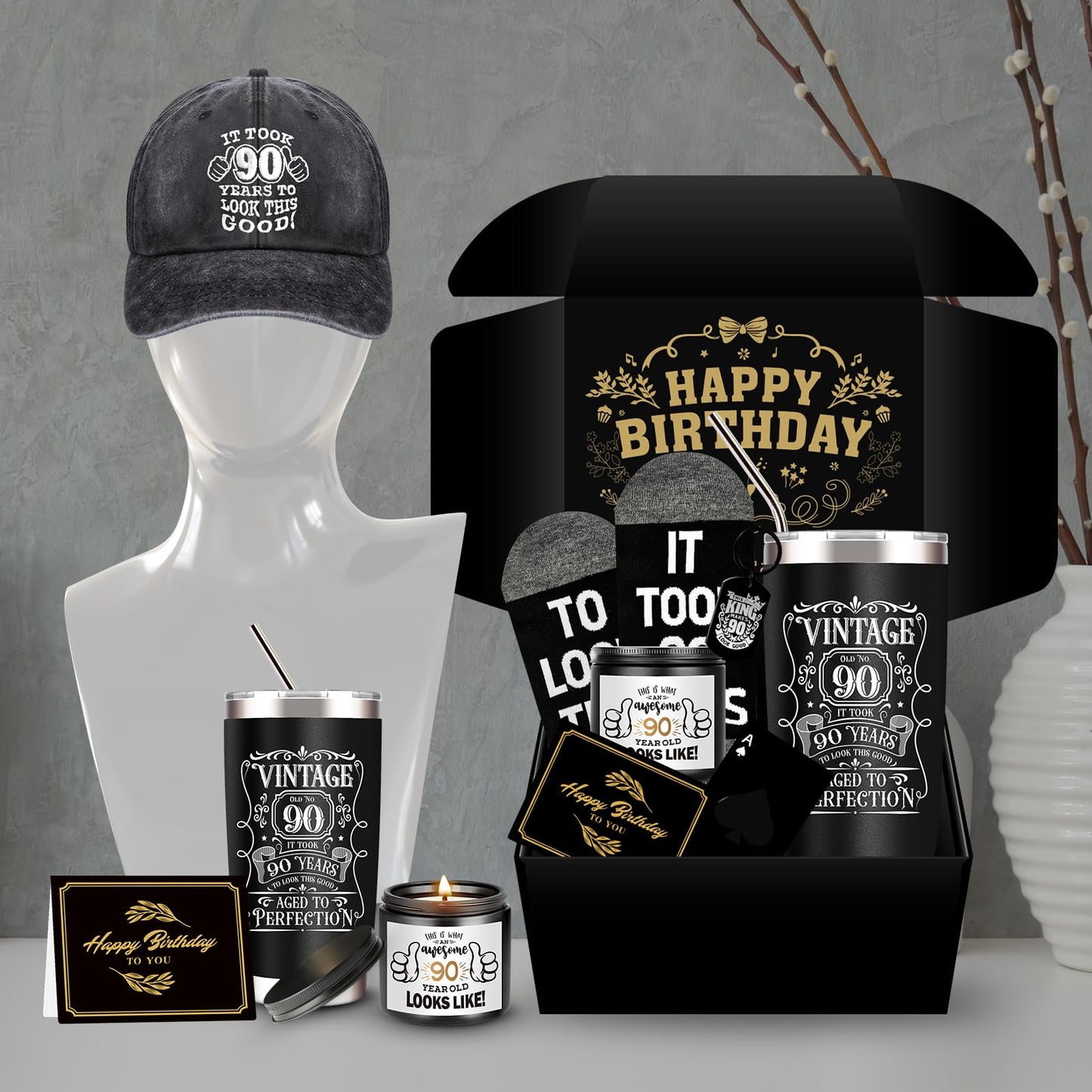 JTAMOHI 90th Birthday Gifts for Men - Unique Box with 20 Oz Tumbler, Scented Candle, Socks, Baseball Cap for Husband, Dad, Grandpa, Friends, Teachers, Boss