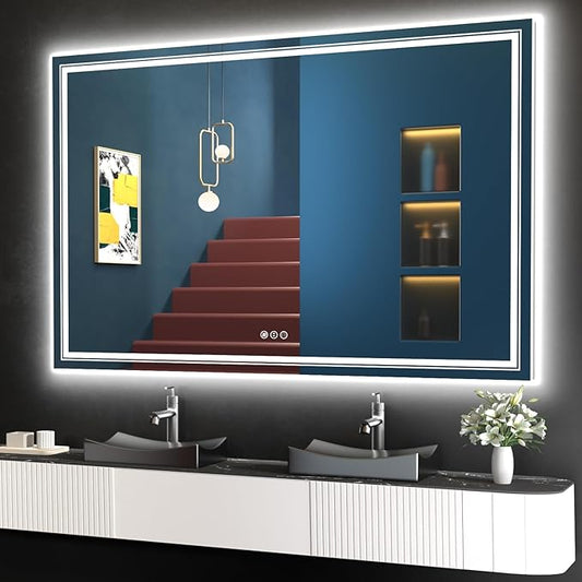 LED Bathroom Mirror, 60"X40" with Front and Backlit, Anti-Fog, Large Bathroom Vanity Mirror for Wall, Memory Function, Stepless Dimmable, Tempered Glass (Horizontal/Vertical)
