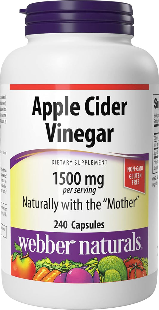 Webber Naturals Apple Cider Vinegar Capsules, ACV with Mother, 1500 mg per Serving, High Potency, 240 Capsules = 80 Servings, Natural Digestion Support, Sugar, Dairy & Gluten Free