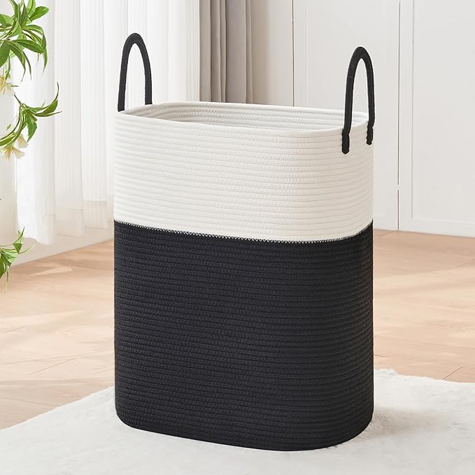Laundry Basket with Handles - Blanket Basket & Hampers for Bedroom Aesthetic, Laundry Hamper & Blanket Storage for Living Room, Clothes Hamper, Tall, Large 17" x 14" x 25â, White & Black