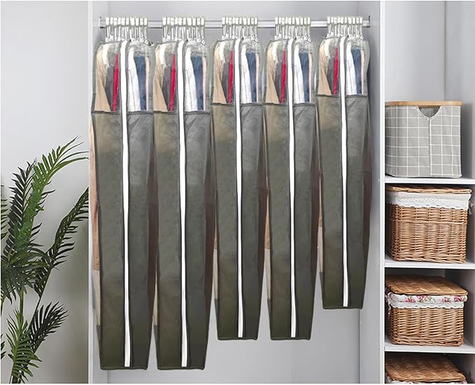 Suit Bags for Closet Storage with 6.3" Gusset, 40" Dust Proof Garment Bags for Hanging Clothes, Clear Suits Covers and Side Zipper Protector for Jacket, Coat, Sweater, Shirts, Clothing Grey/5 Packs