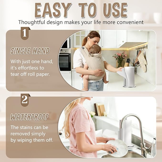 Paper Towel Holder Countertop, Premium Stainless Steel Silver Paper Towel Holder with Anti Slip & Waterproof, Freestanding Countertop Paper Towels Holder for Kitchen, Tabletop, Bathroom