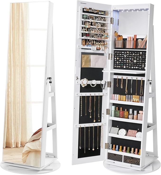 SONGMICS 6 LEDs Lockable Mirror Jewelry Cabinet, 360Â° Swivel Jewelry Organizer Armoire Standing, Frameless Full-Length Mirror, 3 Storage Shelves, White Surface, Black Lining UJJC007W01