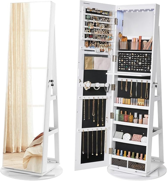 SONGMICS 6 LEDs Lockable Mirror Jewelry Cabinet, 360Â° Swivel Jewelry Organizer Armoire Standing, Frameless Full-Length Mirror, 3 Storage Shelves, White Surface, Black Lining UJJC007W01