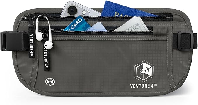 VENTURE 4TH Money Belt for Travel â Hidden Under-Clothes RFID Blocking Passport Holder & Slim Travel Wallet Pouch for Men & Women to Protect Cash, Cards & Documents (Gray)