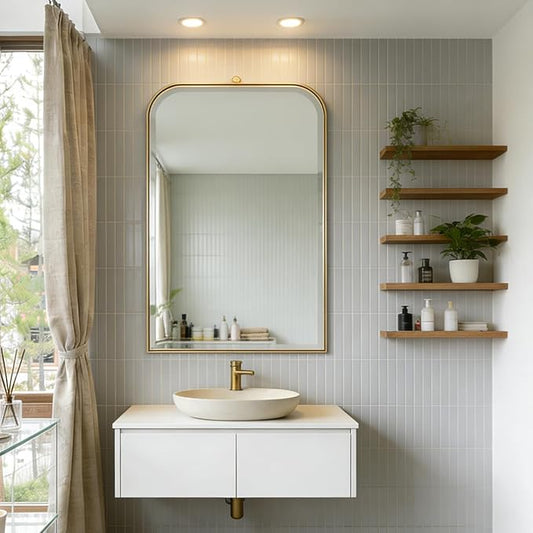 POZINO Brushed Gold Arched Mirror, 22"x35" Brass Vanity Oblong Mirror for Over Sink, Stainless Steel Frame Rounded Rectangle Mirrors for Bathroom Bedroom Living Room Entryway Hallway