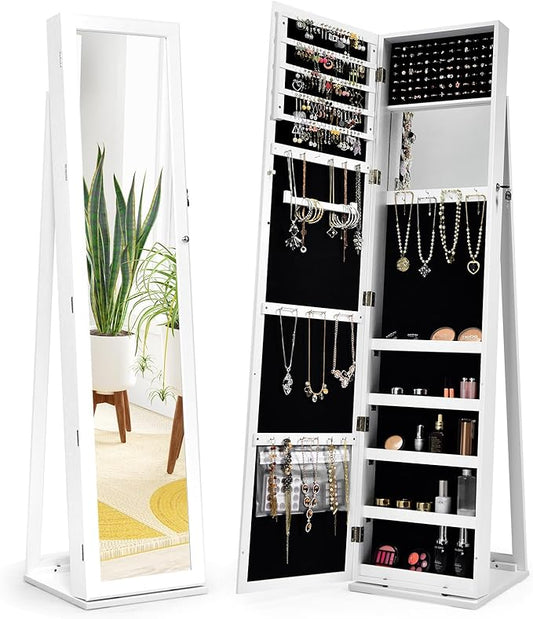 GOFLAME Jewelry Cabinet with Full-length Mirror, Jewelry Storage Organizer with Makeup Mirror, Back Storage Shelf, Lockable Jewelry Cabinet Armoire for Bedroom, Living Room (White)