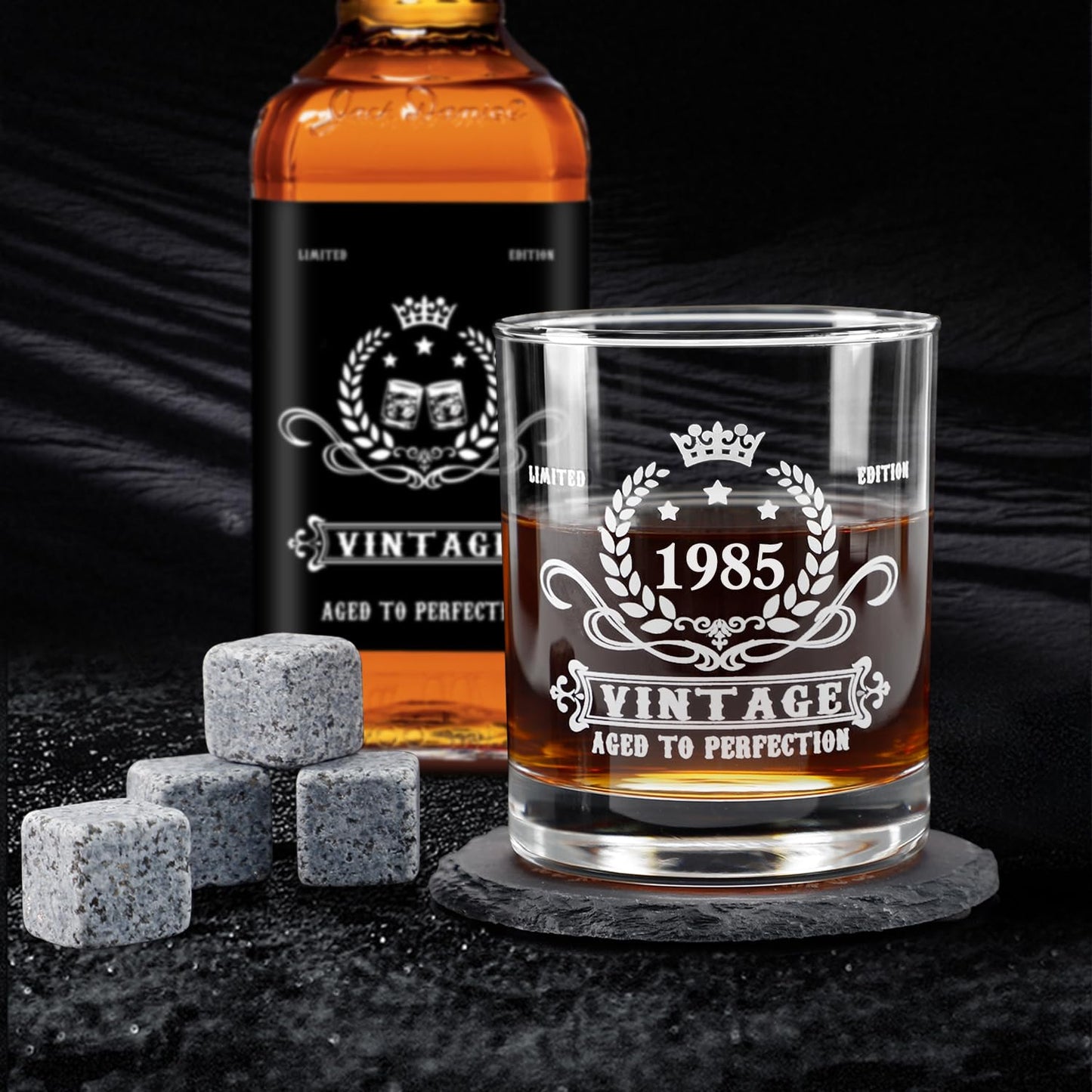 YeohJoy 40th Birthday Gifts for Men,Vintage 1985 Whiskey Glass Set,Wood Box & Whiskey Stones & 1985 Poster Anniversary Card & Coaster,Birthday Gifts Ideas for Him,Husband,Dad