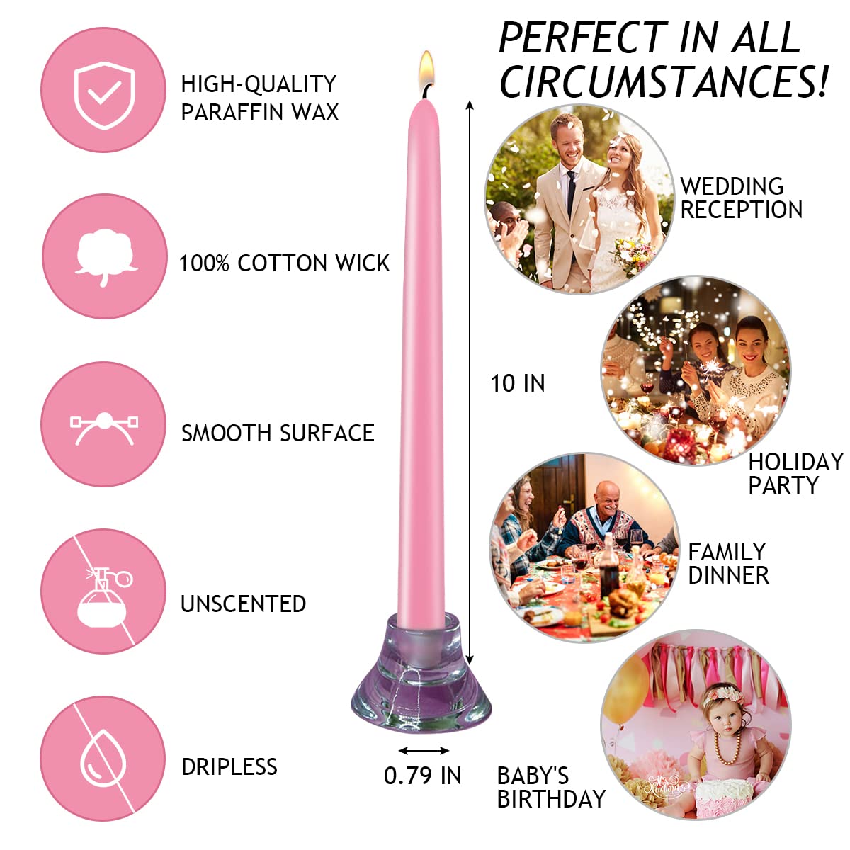24 Pack Pink Taper Candles, 7-8 Hours Burn Time, Unscented, Smokeless and Dripless, 0.79 x 10 Inch Dinner Candle Set for Household, Wedding, Party and Home Décor Candlesticks