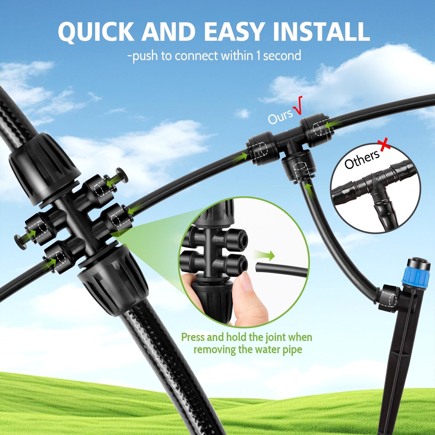 230FT New Quick-Connect Drip Irrigation System Kit, Automatic Garden Watering Misting System for Greenhouse, Yard, Lawn, Plant with 1/2 inch Hose 1/4 inch Distribution Tubing and Accessories