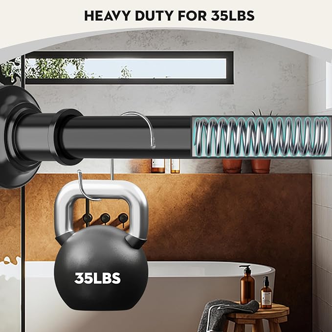Black Tension Shower Curtain Rod 1.1" Diameter Heavy Duty Stainless Steel Adjustable Spring Tension Rods 30 to 88 inch No Drill Shower for Bathroom Windows Outdoor No Slip No Rust