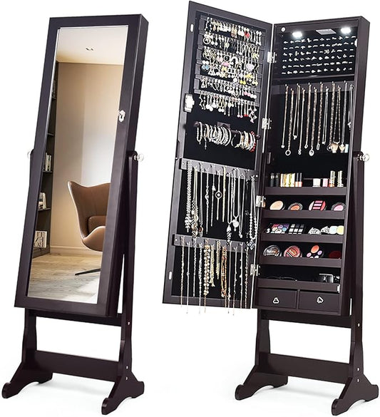 COSTWAY Standing Mirror Jewelry Cabinet, Large Storage Jewelry Organizer w/Full Length Mirror, 4 Adjustable Angles & 2 LED Lights, Lockable Jewelry Armoire for Women Girls, Brown