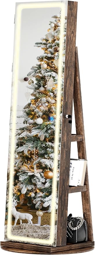 LED Mirror Jewelry Cabinet Standing, Swivel Jewelry Armoire with Full Length LED Mirror and Adjustable Lights, Lockable Jewelry Storage Organizer, Brown