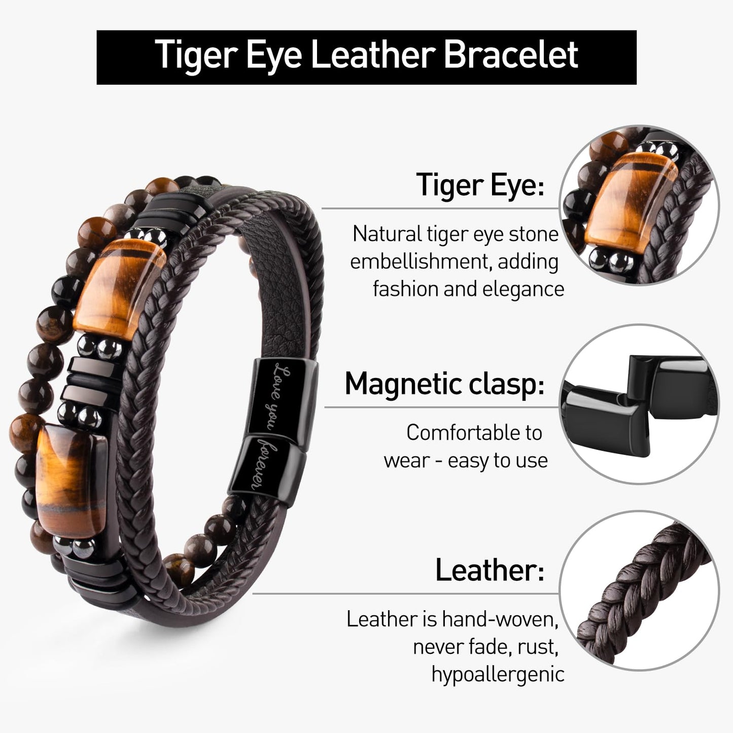 Leather Bracelets for Men Natural Tiger Eye Black Obsidian Healing Crystal Beaded Bracelets Set Birthday Christmas Commemorative Gifts for Dad Son Grandson Man Boyfriend Brother (Brown-To My Warriors)