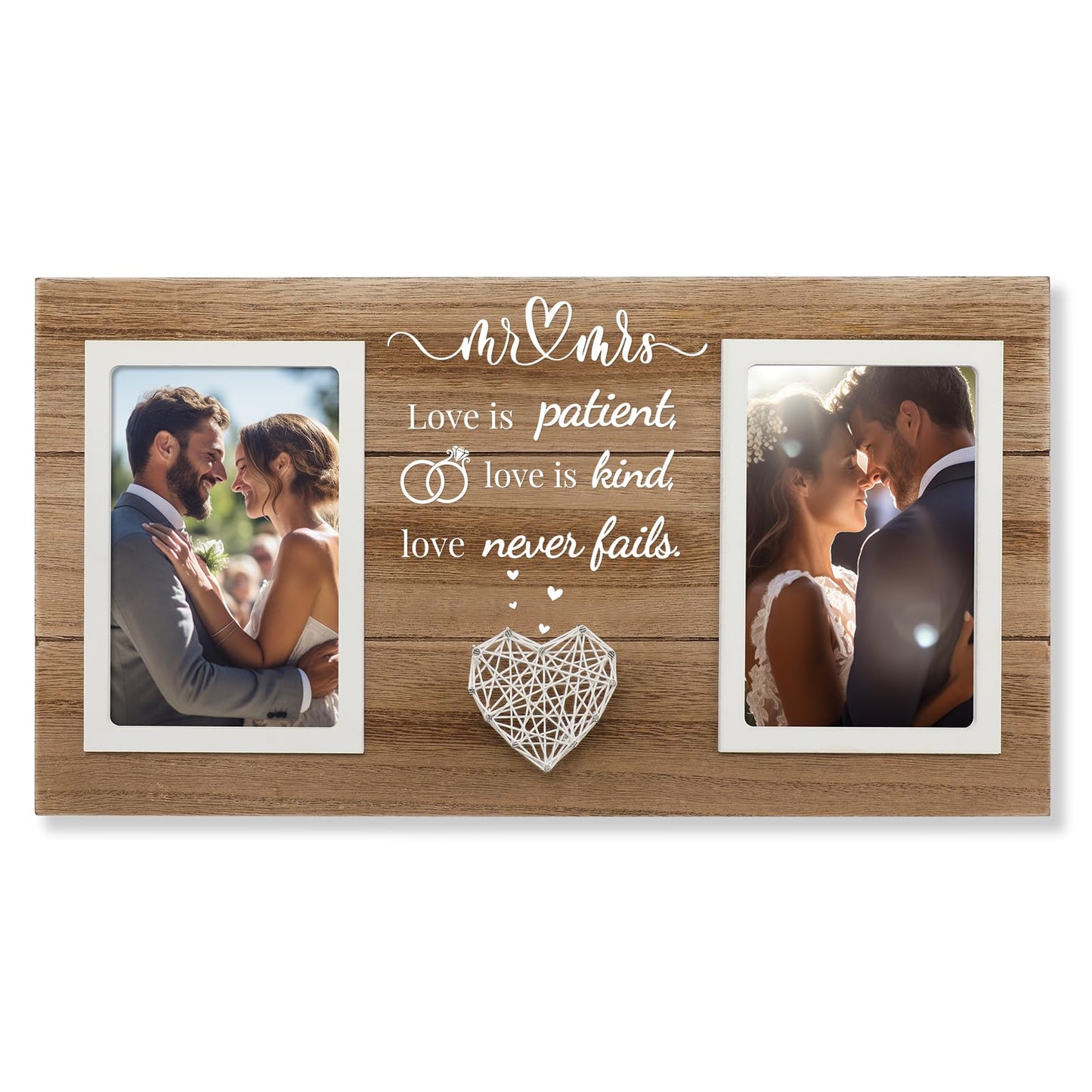 SOUHONEY Wedding Gifts, Bridal Shower Gifts for Bride to Be, Wedding Picture Frame for Couple - Double 4x6 Pictures Frame - Wooden Couples Newlyweds Picture Frame with Heart (Mr Mrs)