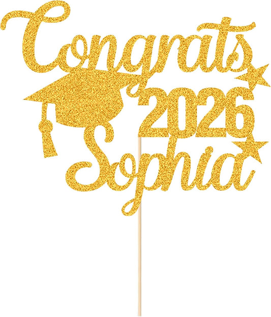 Personalized Graduation Cake Topper Class of 2026 Cake Toppers Graduation Gifts Glitter Congrats Cake Topper with Any Name for Son Daughter Friends Grandson Cake Decorations (Gold)