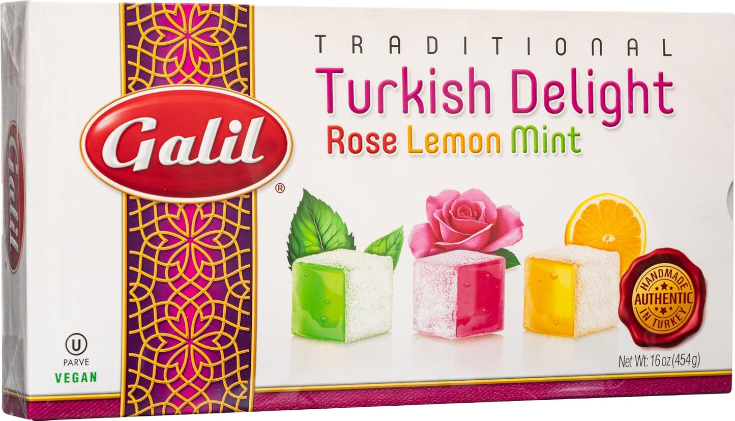Turkish Delight Galil (Rahat Lokum) Rose Lemon Mint Flavor Gift Box – Authentic Traditional Turkish Dessert Assortment, Handmade in Turkey, Soft Chewy Powdered Sugar Coated Lokum, Kosher & Vegan Gourmet Middle Eastern Candy, 16oz/454g