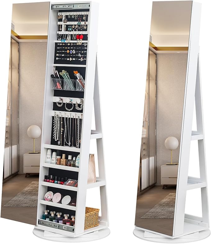 Bonnlo 360Â° Swivel Jewelry Cabinet with Sliding Door, Standing Jewelry Organizer Box with Full-Length Mirror, Jewelry Armoire with Large Storage Capacity