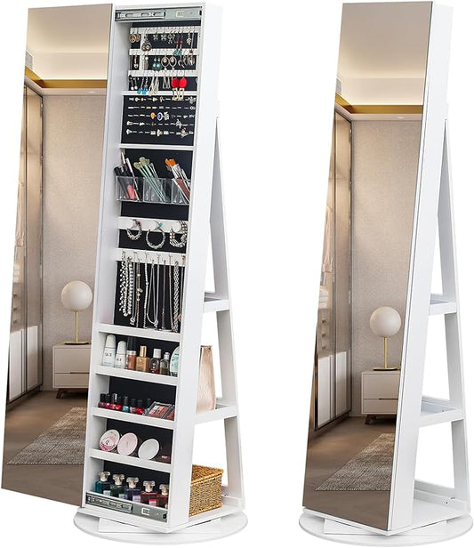 Bonnlo 360Â° Swivel Jewelry Cabinet with Sliding Door, Standing Jewelry Organizer Box with Full-Length Mirror, Jewelry Armoire with Large Storage Capacity