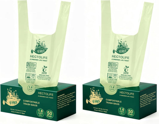 HECTOLIFE 1.6 Gallon 100 Count,Compostable Bags Handle Tie,Tear Resistant Kitchen Food Scrap Waste Bag, ASTM D6400, US BPI and Europe OK Compost Home Certified