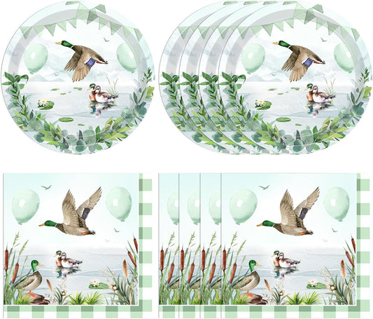 40PCS Lucky Duck Birthday Decorations Disposable Mallard Duck Hunting Birthday Party Supplies Tableware Set Include Paper Plates, Napkin for Duck Baby Shower Table Decorations, Serves 20