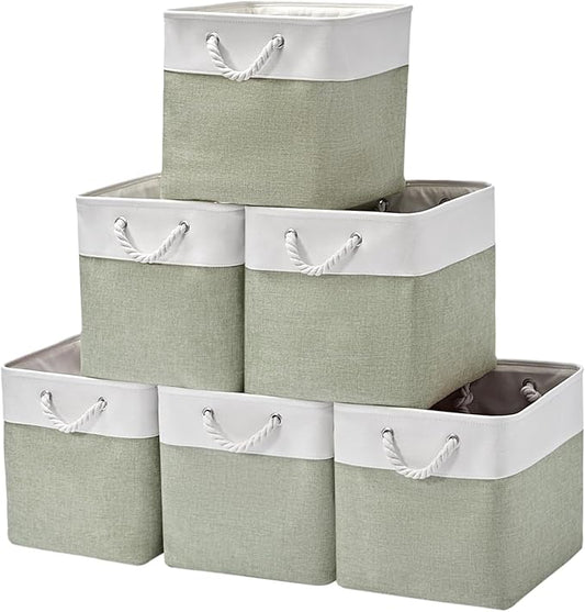 13 x 13 Inch Extra Large Storage Cubes,6 Pack Cube Storage Bins for Shelvesï¼Fabric Collapsible Storage Bins with Handles, Foldable Storage Basket for Organizing Clothes, Toys (White&Green)