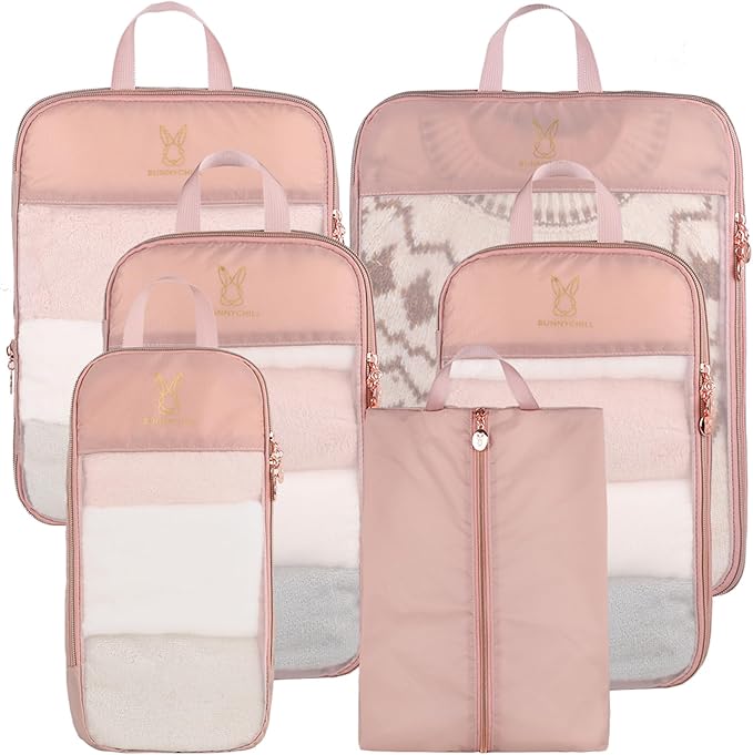 See Through Expandable Compression Packing Cubes, Mesh Travel Packing Cubes for Suitcases, Lightweight Organizers Bag Set for Travel Essentials for Luggage