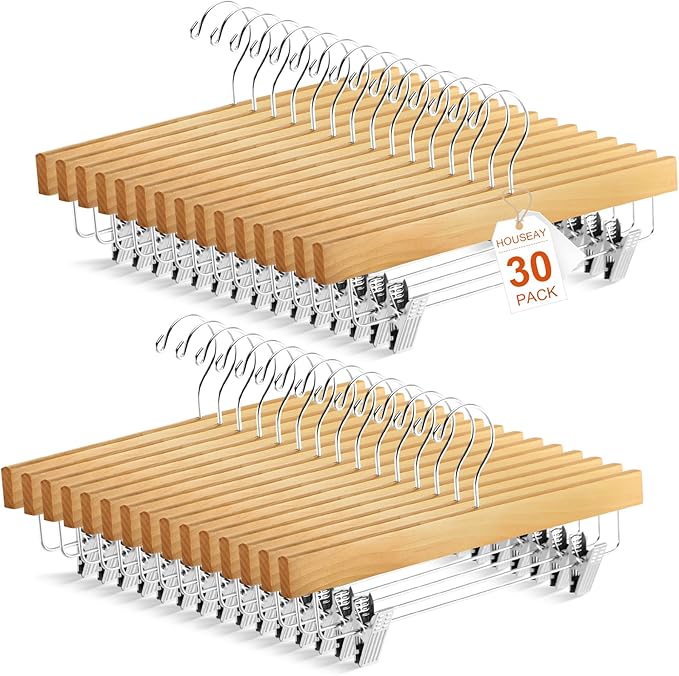 Sieral 30 Pack Wooden Pants Hangers with Clips Solid Wood Skirt Suit Coat Hangers with 2 Adjustable Clips 360 Degree Swivel Hook for Trousers Jeans Slacks Shorts Bottom, 14 Inch(Natural,Stylish)