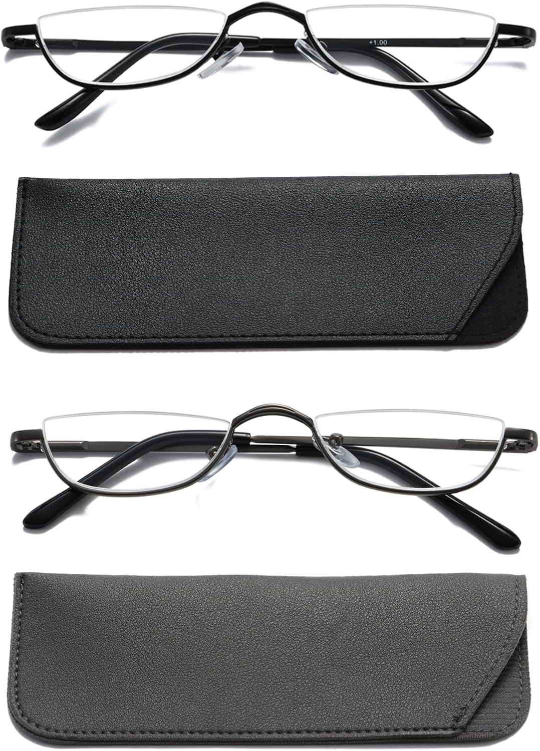 Viseng 2 Pairs Half Frame Reading Glasses for Women Men Slim Half Moon Lens Readers Metal Semi Rimless Eyewear +2.5