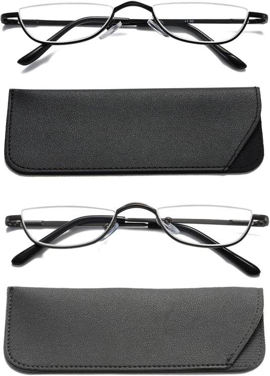 Viseng 2 Pairs Half Frame Reading Glasses for Women Men Slim Half Moon Lens Readers Metal Semi Rimless Eyewear +2.5