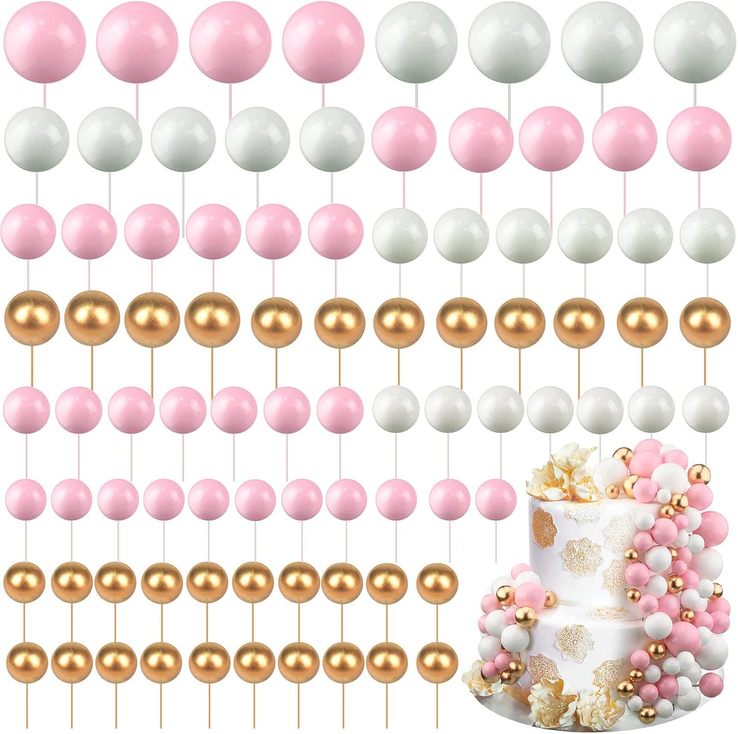 108 Pcs Graduation Balls Cake Topper DIY Cupcake Insert Foam Balloons for Cake Baking Wedding Anniversary Birthday Decoration(Pink, White, Gold,Multi Sizes)