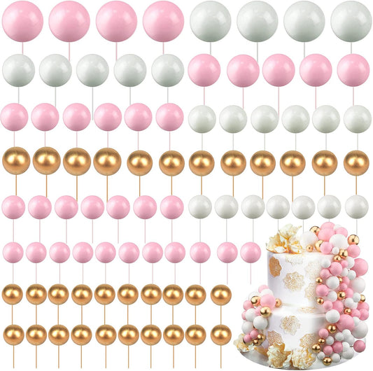 108 Pcs Graduation Balls Cake Topper DIY Cupcake Insert Foam Balloons for Cake Baking Wedding Anniversary Birthday Decoration(Pink, White, Gold,Multi Sizes)
