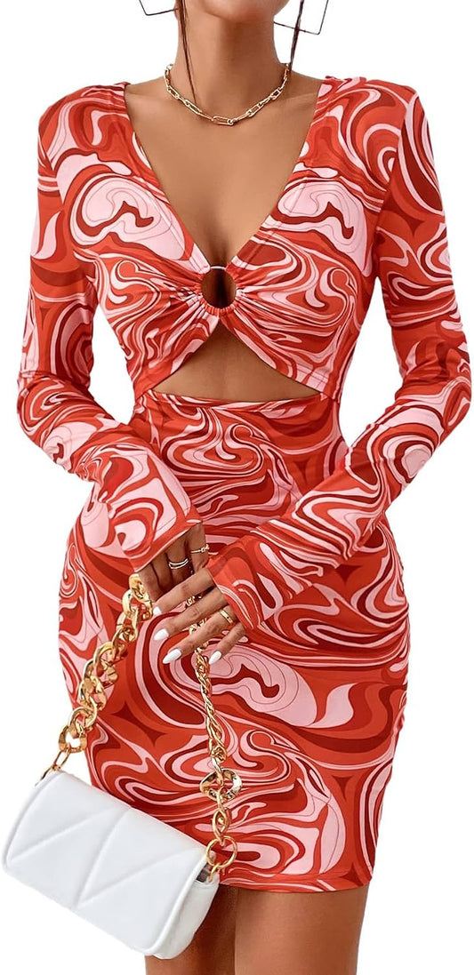 Women's Graphic Cut Out Mini Dress V Neck Metal Ring Bodycon Long Sleeve Dress