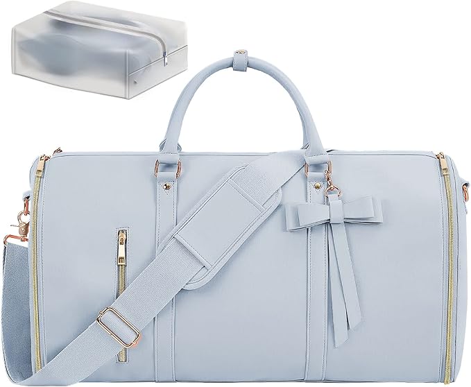 Garment Bags for Travel, Convertible Suit Travel Bag for Women, Stylish Carry On Garment Bag with Toiletry Pocket, Shoulder Strap and Shoes Compartment, 2 in 1 Foldable PU Leather Duffle Bag, Blue