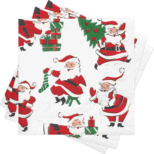 RUSPEPA 25 Pcs Funny Christmas Santa Cocktail Napkins, 3 Ply Vintage Red Santa Claus and Gift Design Disposable Napkin Paper for Holiday Party Table Decor, 5 x 5 Inch