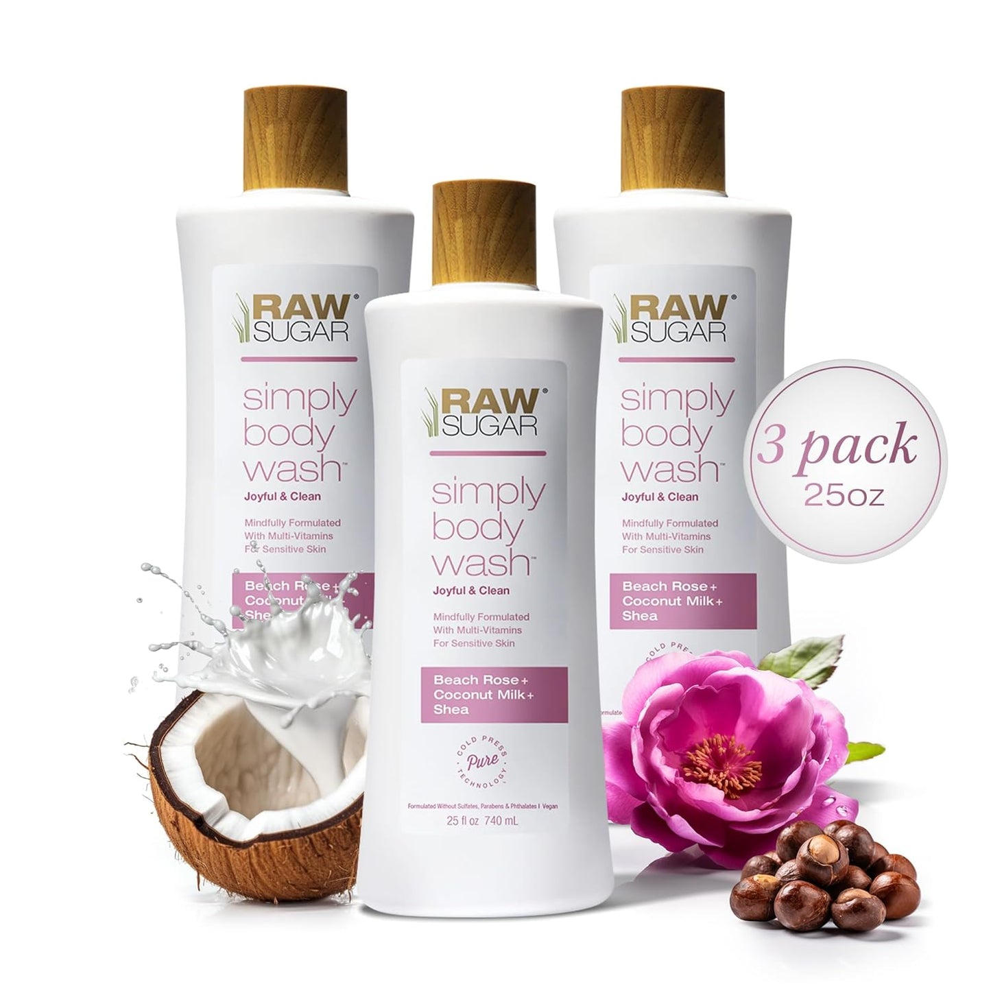RAW SUGAR Simply Body Wash, Beach Rose + Coconut Milk + Shea (25 Fl Oz, Pack of 3) Sensitive Skin Bath Soap, Formulated without Sulfates & Parabens…