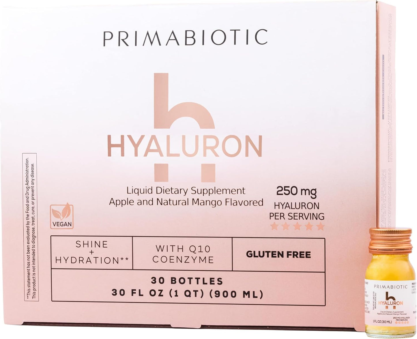 PRIMABIOTIC Hyaluronic Acid 250mg - Mango Flavor - Vegan, Deep Hydration, Anti-Aging and Skin Elasticity Support - Beauty Drink - Pack of 30 x 1 fl oz (30 mL) Bottles